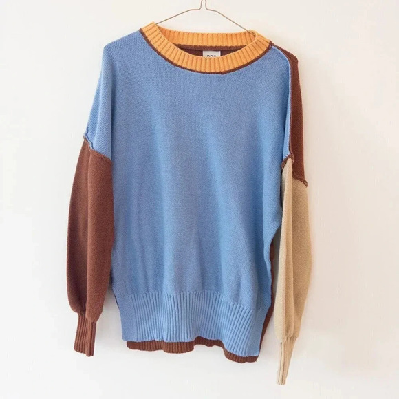BDG Charlie Pullover Sweater In Blue Multi Oversized Slouchy Color Block - Picture 2 of 5
